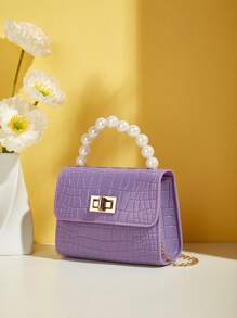 Girls Faux Pearl Decor Crocodile Embossed Chain Flap Square Bag - Purple - View 3