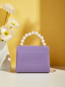 Girls Faux Pearl Decor Crocodile Embossed Chain Flap Square Bag - Purple - View 4