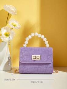 Girls Faux Pearl Decor Crocodile Embossed Chain Flap Square Bag - Purple - View 5