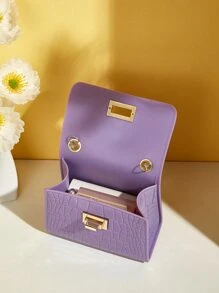 Girls Faux Pearl Decor Crocodile Embossed Chain Flap Square Bag - Purple - View 6