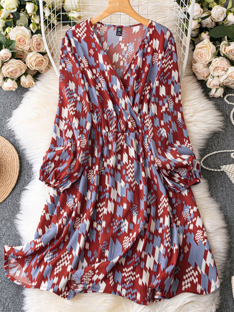 Vestido con estampado de cuello cruzado - Multicolor - Ver 1