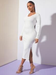 SHEIN SXY Solid Split Back Bodycon Dress - White - View 5
