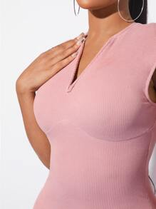 SHEIN SXY Solid Notched Neck Bodycon Dress - Dusty Pink - View 5