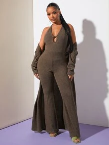 SHEIN SXY Solid Open Front Drop Shoulder Coat - Chocolate Brown - View 3