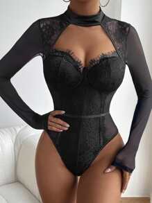 Cut Out Bustier Eyelash Lace Panel Bodysuit - Black - View 1