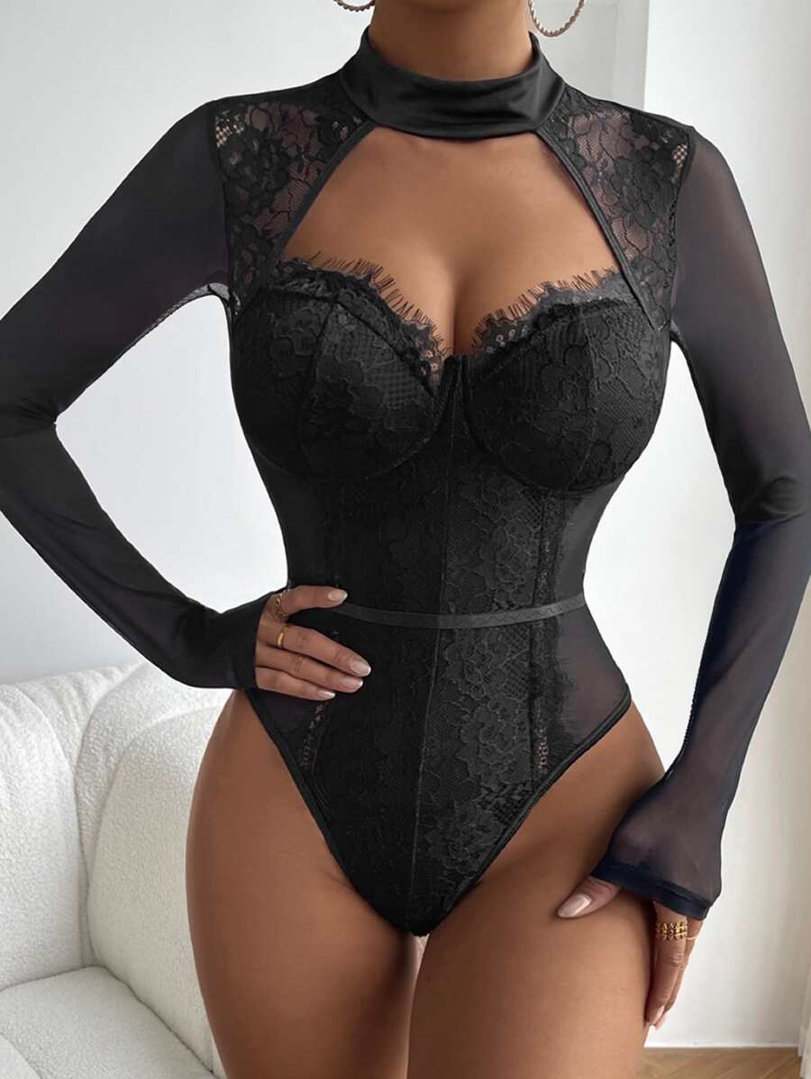 Cut Out Bustier Eyelash Lace Panel Bodysuit - Black - View 1