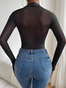 Cut Out Bustier Eyelash Lace Panel Bodysuit - Black - View 2