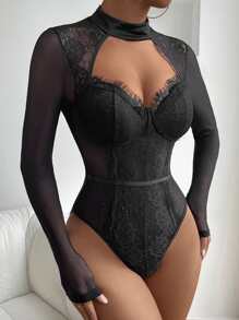 Cut Out Bustier Eyelash Lace Panel Bodysuit - Black - View 4