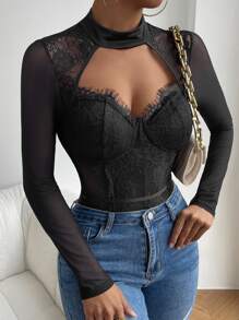 Cut Out Bustier Eyelash Lace Panel Bodysuit - Black - View 5