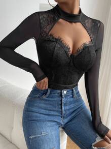 Cut Out Bustier Eyelash Lace Panel Bodysuit - Black - View 6