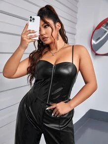 SHEIN SXY 大碼拉鏈開襟PU皮革吊帶上衣 - 黑色 - 查看 2