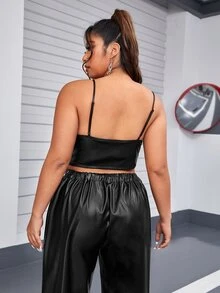 SHEIN SXY 大碼拉鏈開襟PU皮革吊帶上衣 - 黑色 - 查看 4
