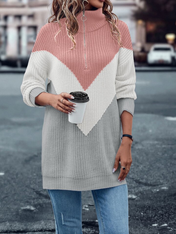 SHEIN LUNE Color Block Drop Shoulder Zip Half Placket