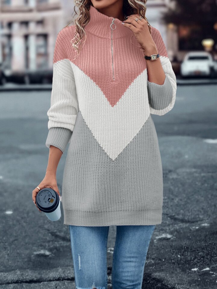 SHEIN LUNE Color Block Drop Shoulder Zip Half Placket