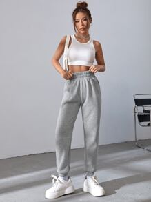 SHEIN EZwear Solid Elastic Waist Joggers - Grey - View 5