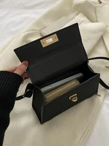 Mini Twist Lock Flap Square Baghandbag,Crossbody Bag,Shoulder BagCasual,MinimalistSolid ColorLightweight,Portable,With Adjustable StrapFor Girl,For Women, Rookies & White-Collar Workers,For Womangift Bag,Perfect For Office,Work ,Business,Commute - Black - View 4