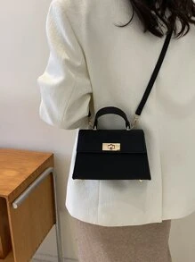 Mini Twist Lock Flap Square Baghandbag,Crossbody Bag,Shoulder BagCasual,MinimalistSolid ColorLightweight,Portable,With Adjustable StrapFor Girl,For Women, Rookies & White-Collar Workers,For Womangift Bag,Perfect For Office,Work ,Business,Commute - Black - View 2