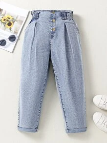 女孩1入組紙袋腰褶皺牛仔褲 - 淺色水洗藍 - 查看 1