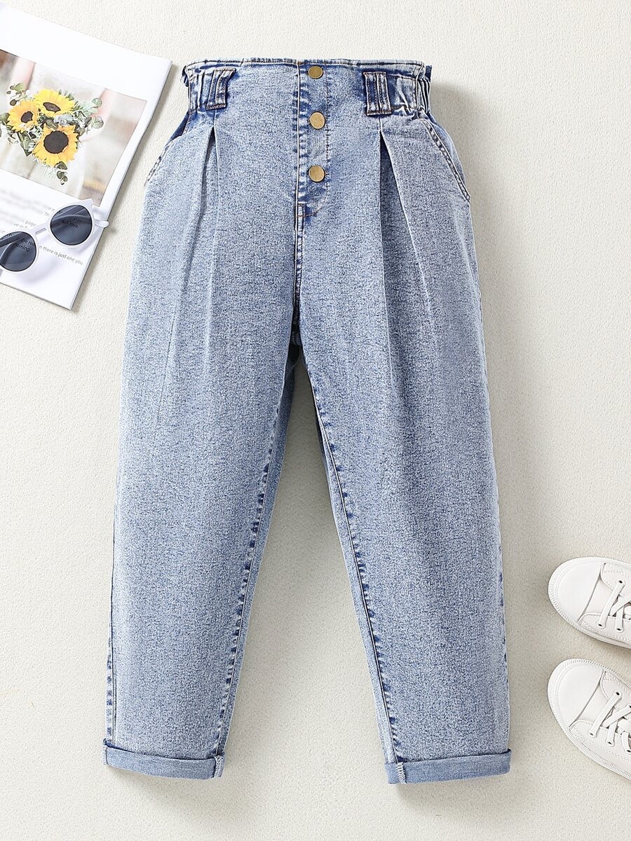 女孩1入組紙袋腰褶皺牛仔褲 - 淺色水洗藍 - 查看 1