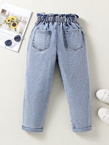 女孩1入組紙袋腰褶皺牛仔褲 - 淺色水洗藍 - 查看 2