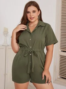 Eilly Bazar Plus Drawstring Waist Shirt Romper - Army Green - View 1