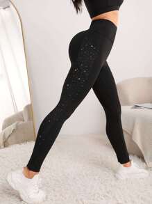 Easithlete Leggings deportivos con estampado de salpicaduras de tinta y bolsillo para teléfono para mujeres - Negro - Ver 4