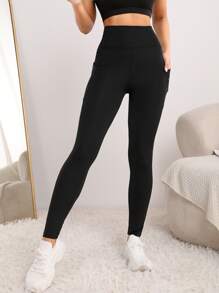 Easithlete Leggings deportivos con estampado de salpicaduras de tinta y bolsillo para teléfono para mujeres - Negro - Ver 5