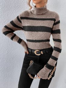 SHEIN LUNE Jersey con patrón de rayas cuello alto - Albaricoque - Ver 3