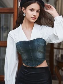 SHEIN MOD 手帕下擺後拉鏈抹胸牛仔上衣 - 深色水洗藍 - 查看 1