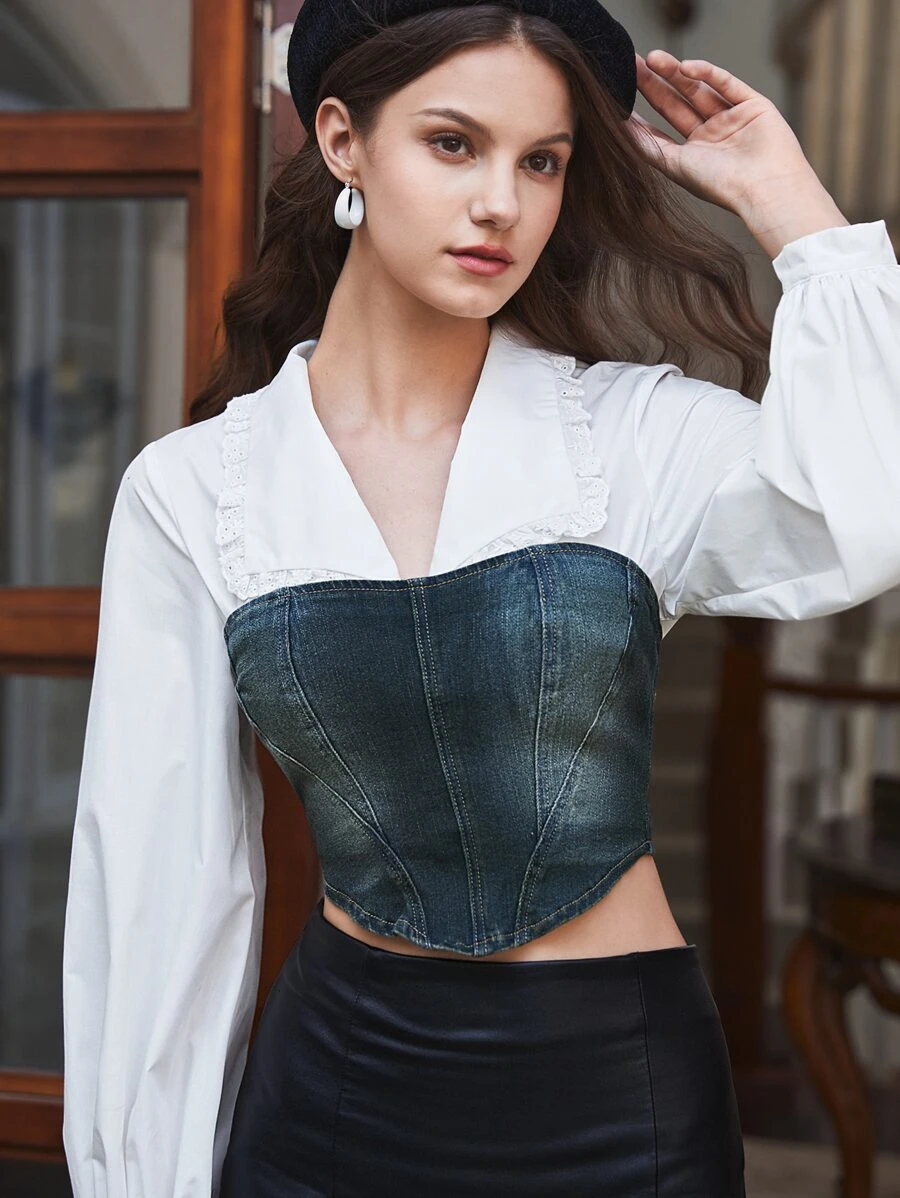 SHEIN MOD 手帕下擺後拉鏈抹胸牛仔上衣 - 深色水洗藍 - 查看 1