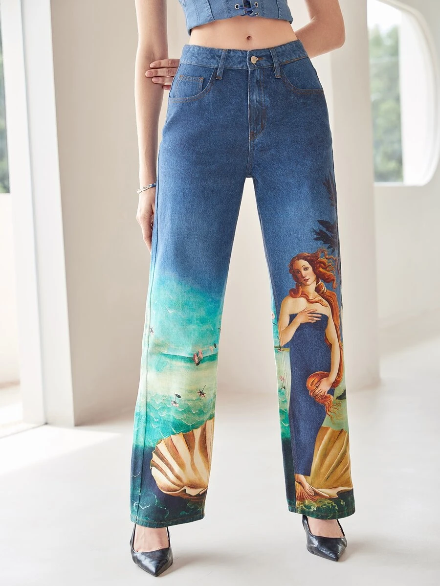 SHEIN MOD Figure Graphic Wide Leg Jeans - Multicolor - View 1