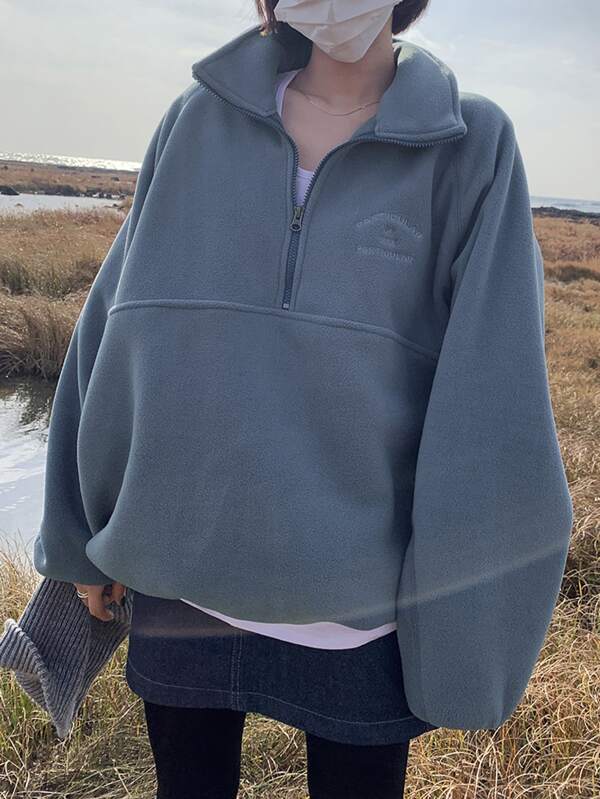 DAZY Quarter Zip Letter Embroidery Drop Shoulder Fleece Sweatshirt SHEIN