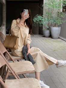 DAZY Solid Button Front Shirt Dress - Khaki - View 2