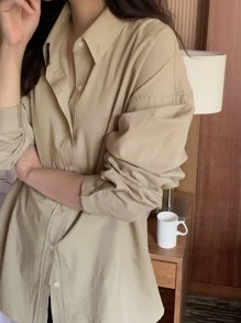 DAZY Camisa amplia unicolor de hombros caídos - Caqui - Ver 3