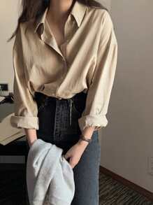 DAZY Camisa amplia unicolor de hombros caídos - Caqui - Ver 7