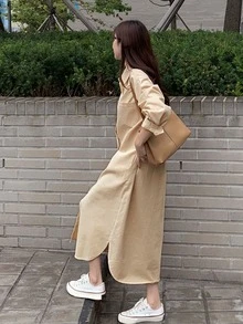 DAZY Solid Button Front Shirt Dress - Khaki - View 6