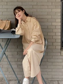 DAZY Solid Button Front Shirt Dress - Khaki - View 7