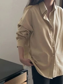 DAZY Camisa amplia unicolor de hombros caídos - Caqui - Ver 8
