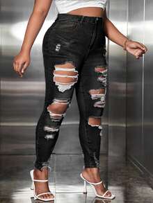 SHEIN SXY 大碼貓須破洞緊身牛仔褲不附腰帶 - 黑色 - 查看 3