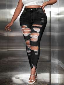 SHEIN SXY 大碼貓須破洞緊身牛仔褲不附腰帶 - 黑色 - 查看 4