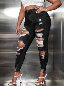 SHEIN SXY 大碼貓須破洞緊身牛仔褲不附腰帶 - 黑色 - 查看 5