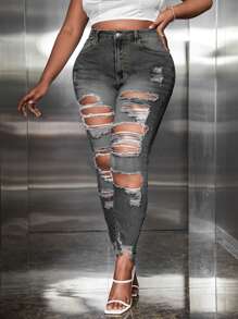 SHEIN SXY Plus High Waist Ripped Skinny Jeans Without Belt - Dark Grey - View 3