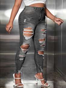 SHEIN SXY Plus High Waist Ripped Skinny Jeans Without Belt - Dark Grey - View 4
