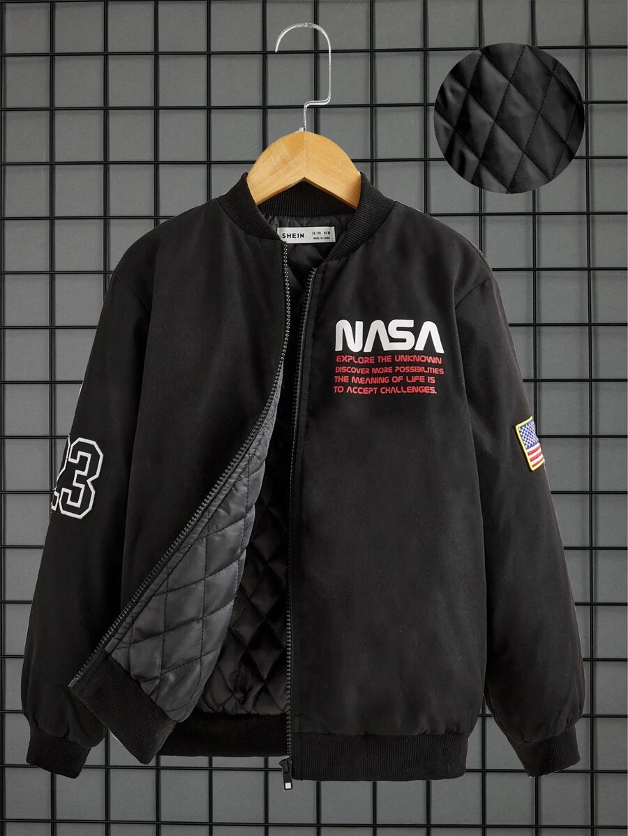 SHEIN Tween Boy 绗缝标语图案夹棉外套