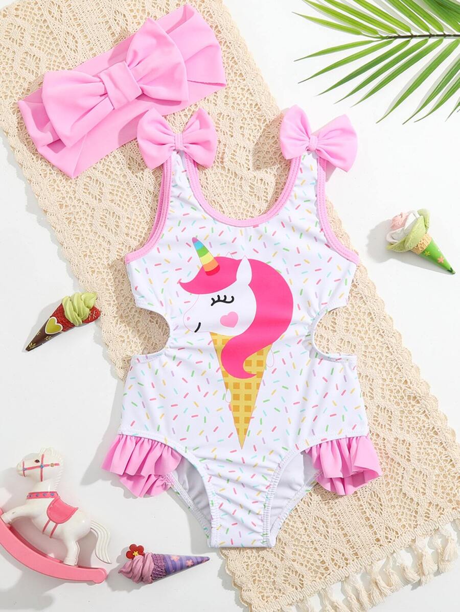 SHEIN Baby Girl Unicorn Print Cut Out Bow Side One Piece Swimsuit With Headband - White - View 1