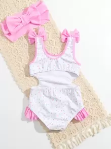 SHEIN Baby Girl Unicorn Print Cut Out Bow Side One Piece Swimsuit With Headband - White - View 2