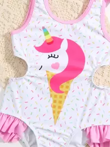 SHEIN Baby Girl Unicorn Print Cut Out Bow Side One Piece Swimsuit With Headband - White - View 3