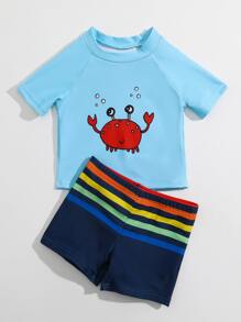 Baby Boy Cartoon Crab Print Beach Swimsuit - Blue - View 5