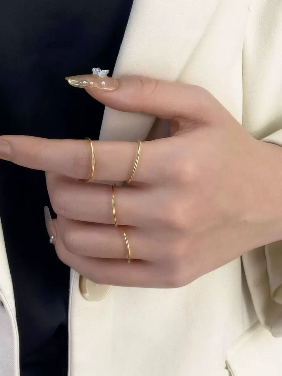 4 chiếc nhẫn rắn tối giản, trang sức bằng thép không gỉ - Vàng - Xem 1