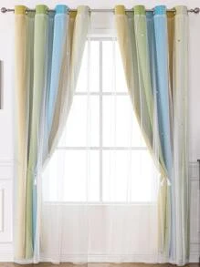 撞色單片窗簾星星中空滌綸窗簾適合兒童臥室 - 彩色 - 查看 3